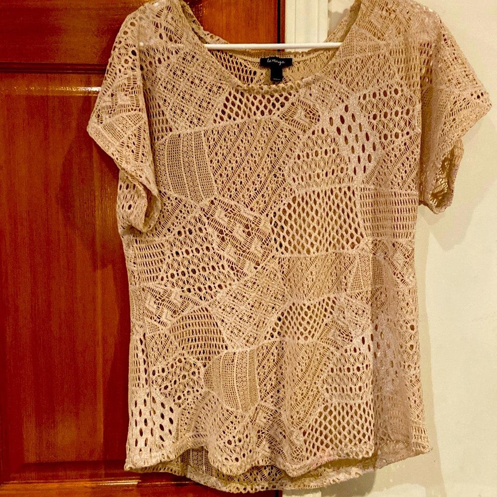 EUC! Women’s size S, La Vanya beige lace shirt cover-up!